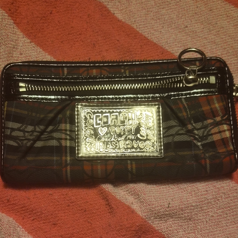 Coach Poppy Plaid Wallet with Gold Accents